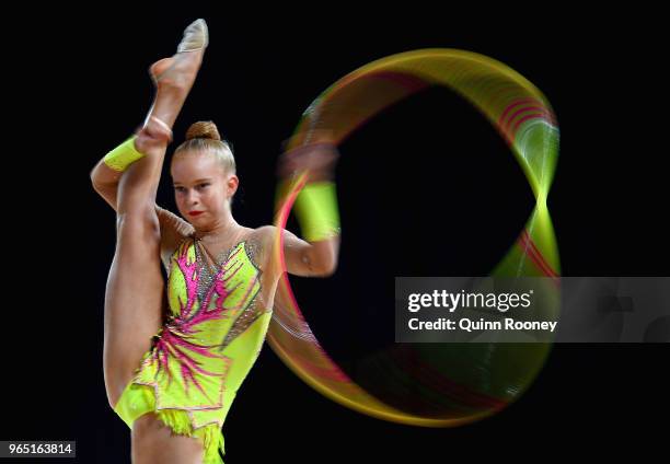 Phoebe Learmont of Queensland competes with the Hoop during the 2018 Australian Gymnastics Championships at Hisense Arena on June 1, 2018 in...