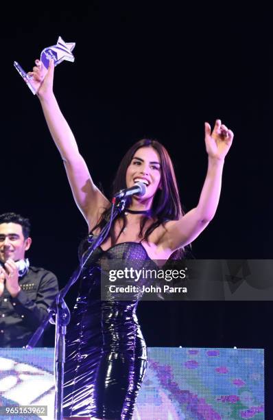 Jessica Cediel receives award at Premios Estrellas Digitales 2018 at James L. Knight Center on May 31, 2018 in Miami, Florida.