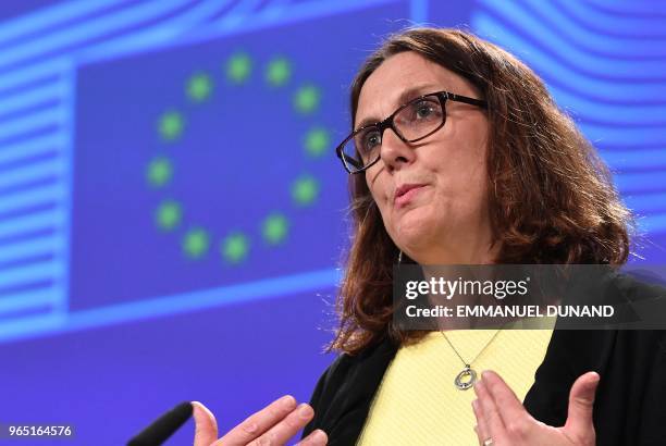 European Commissioner for Trade Cecilia Malmstrom adresses a press conference on the US restrictions on steel and aluminium affecting the EU, at the...