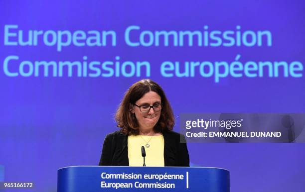 European commissioner for trade Cecilia Malmstrom adresses a press conference on the US restrictions on steel and aluminium affecting the European...