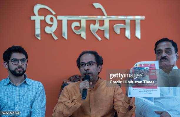 Shiv Sena Chief Uddhav Thackeray with Yuva Sena Chief Aditya Thackeray during a press conference at Sena Bhavan, on May 31, 2018 in Mumbai, India....