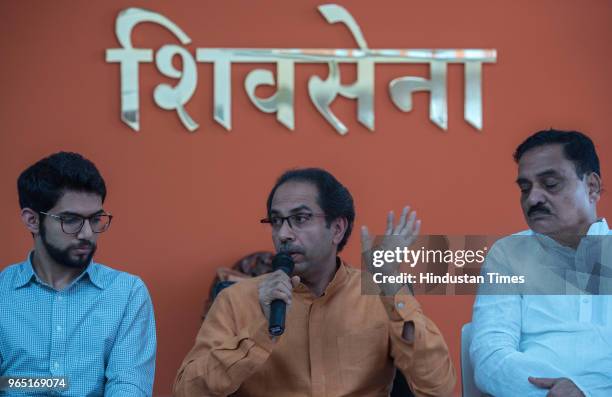 Shiv Sena Chief Uddhav Thackeray with Yuva Sena Chief Aditya Thackeray during a press conference at Sena Bhavan, on May 31, 2018 in Mumbai, India....