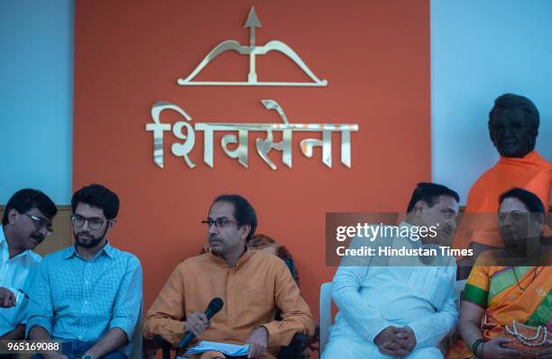 Shiv Sena Chief Uddhav Thackeray with Yuva Sena Chief Aditya Thackeray during a press conference at Sena Bhavan, on May 31, 2018 in Mumbai, India....