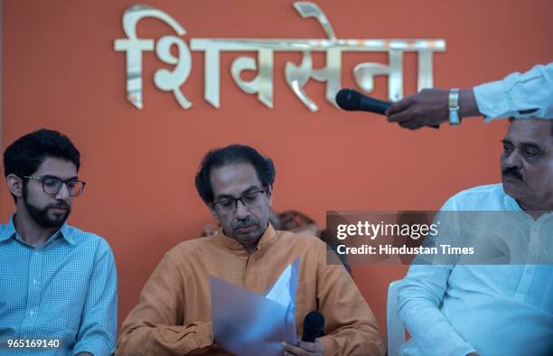 Shiv Sena Chief Uddhav Thackeray with Yuva Sena Chief Aditya Thackeray during a press conference at Sena Bhavan, on May 31, 2018 in Mumbai, India....