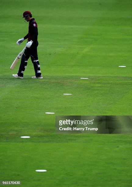 Tom Banton of Somerset walkfs off after being dismissed during the Royal London One-Day Cup match between Somerset and Gloucestershire at The Cooper...