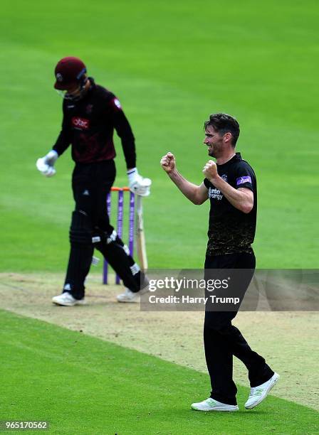 Chris Liddle of Gloucestershire celebrates the wicket of Tom Banton of Somerset during the Royal London One-Day Cup match between Somerset and...