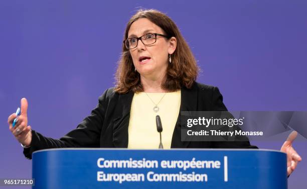 European Commissioner for Trade Cecilia Malmstroem addresses a press conference on the US restrictions on imported steel and aluminium at the...