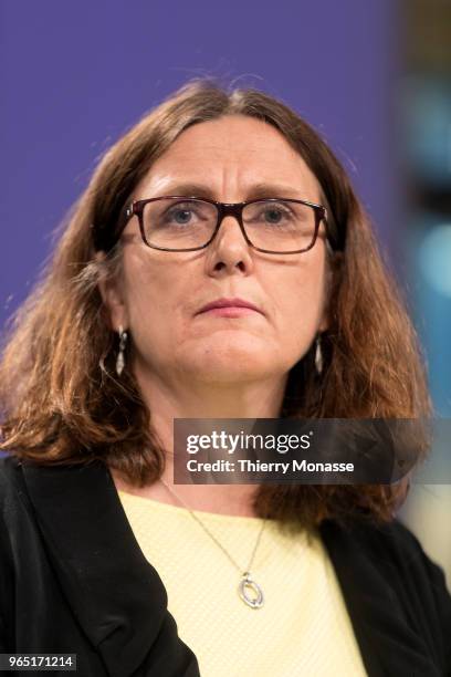 European Commissioner for Trade Cecilia Malmstroem addresses a press conference on the US restrictions on imported steel and aluminium at the...