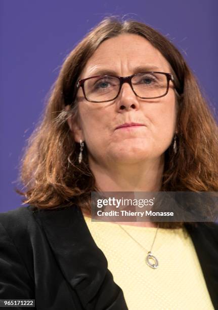 European Commissioner for Trade Cecilia Malmstroem addresses a press conference on the US restrictions on imported steel and aluminium at the...