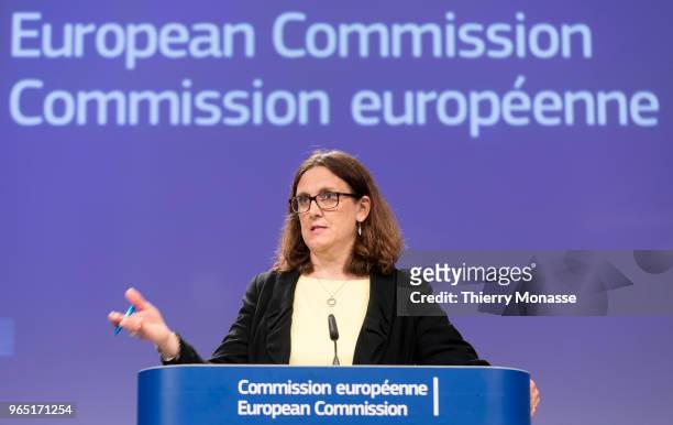 European Commissioner for Trade Cecilia Malmstroem addresses a press conference on the US restrictions on imported steel and aluminium at the...