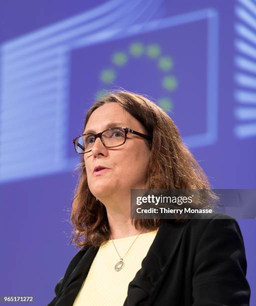 European Commissioner for Trade Cecilia Malmstroem addresses a press conference on the US restrictions on imported steel and aluminium at the...