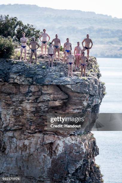 In this handout image provided by Red Bull, The ten male permanent series divers Andy Jones, Orlando Duque, Gary Hunt, Steven LoBue, Kris Kolanus,...