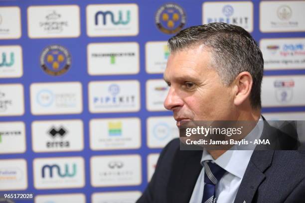 John Askey the new manager of Shrewsbury Town on June 1, 2018 in Shrewsbury, England.