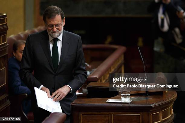 Spanish Prime Minister Mariano Rajoy leaves the lectern before the voting for the no-confidence motion at the Lower House of the Spanish Parliament...