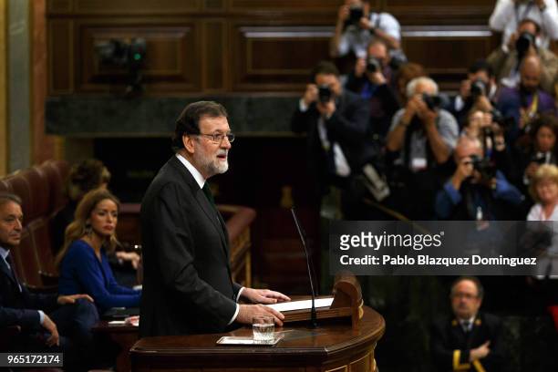 Spanish Prime Minister Mariano Rajoy speaks during a debate before the voting for the no-confidence motion at the Lower House of the Spanish...