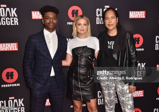 Actors Aubrey Joseph, Olivia Holt and director Gina Prince-Bythewood attend Freeform And The NAACP Host A Screening For Marvel's "Cloak & Dagger" at...