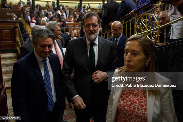 Spanish Prime Minister Mariano Rajoy leaves the hemicycle before the voting for the no-confidence motion at the Lower House of the Spanish Parliament...