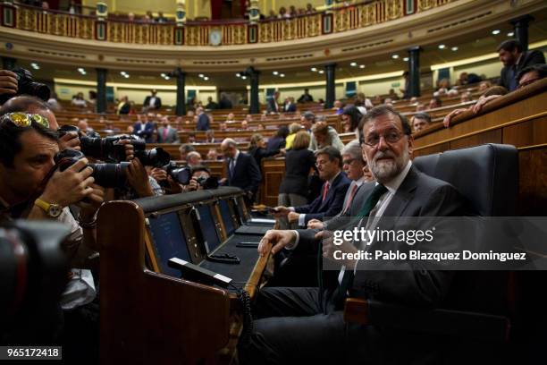 Spanish Prime Minister Mariano Rajoy sits on his seat before the voting for the no-confidence motion at the Lower House of the Spanish Parliament on...