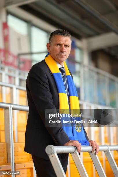 John Askey the new manager of Shrewsbury Town on June 1, 2018 in Shrewsbury, England.