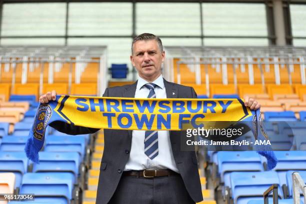 John Askey the new manager of Shrewsbury Town on June 1, 2018 in Shrewsbury, England.