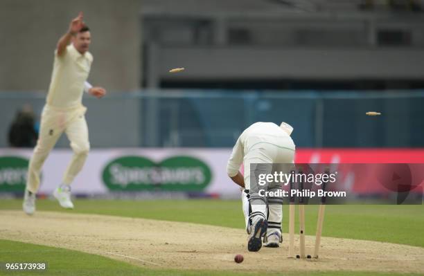 Sarfraz Ahmed of Pakistan is bowled by James Anderson during the 2nd Natwest Test match between England and Pakistan at Headingley cricket ground on...