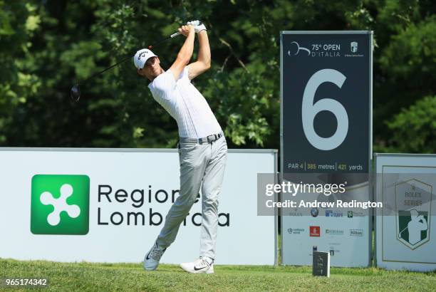 Thomas Pieters of Belgium tees off on the 6th hole during day two of the Italian Open at Gardagolf CC on June 1, 2018 in Brescia, Italy.