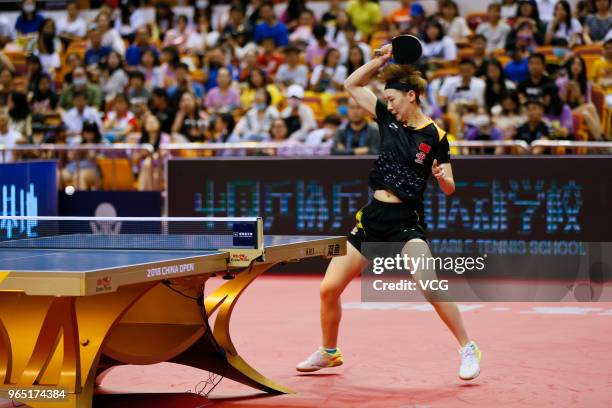 Wang Manyu of China competes in the Women's Singles first round match against Hashimoto Honoka of Japan during day two of the 2018 ITTF World Tour...