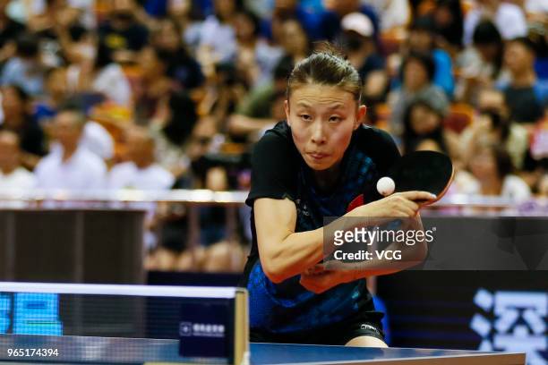 Wu Yang of China competes in the Women's Singles first round match against Mima Ito of Japan during day two of the 2018 ITTF World Tour China Open at...