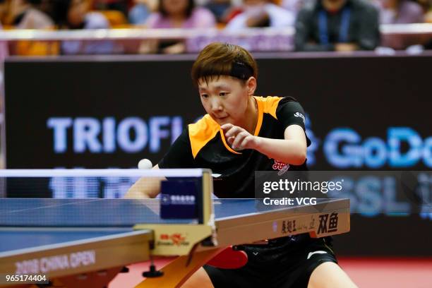 Wang Manyu of China competes in the Women's Singles first round match against Hashimoto Honoka of Japan during day two of the 2018 ITTF World Tour...