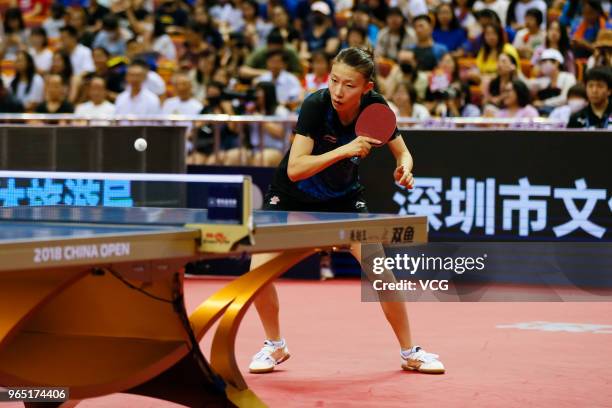 Wu Yang of China competes in the Women's Singles first round match against Mima Ito of Japan during day two of the 2018 ITTF World Tour China Open at...