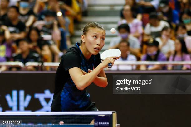 Wu Yang of China competes in the Women's Singles first round match against Mima Ito of Japan during day two of the 2018 ITTF World Tour China Open at...