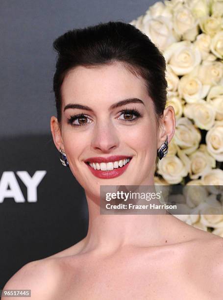 Actress Anne Hathaway arrives at the premiere of New Line Cinema's 'Valentine's Day" held at Grauman's Chinese Theatre on February 8, 2010 in Los...