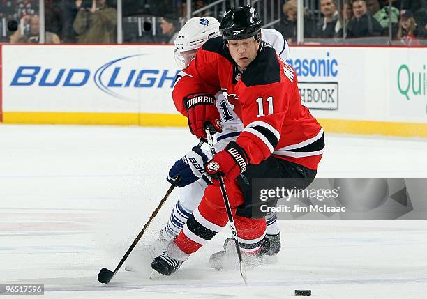 Dean McAmmond of the New Jersey Devils skates against the Toronto Maple Leafs at the Prudential Center on February 5, 2010 in Newark, New Jersey.