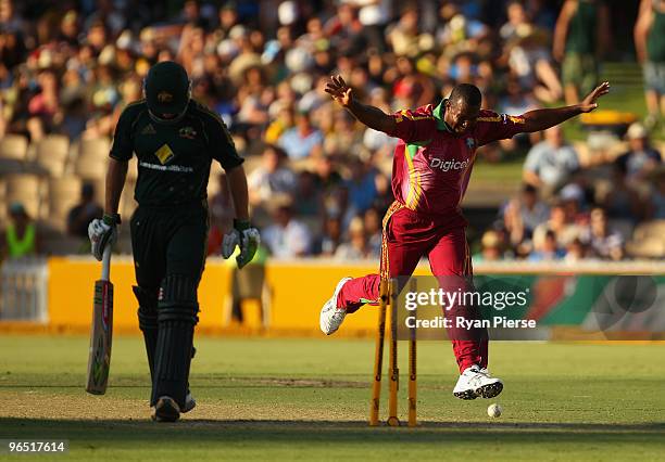 Shaun Marsh of Australia is bowled by Dwayne Smith of the West Indies during the second One Day International between Australia and the West Indies...