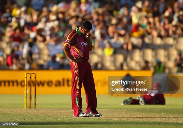 Ravi Rampaul of the West Indies looks dejected after a dropped catch during the second One Day International between Australia and the West Indies at...