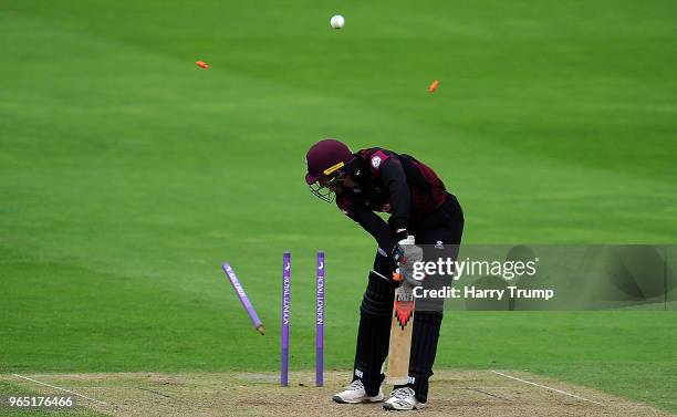 Paul Van Meekeren of Somerset is bowled by Craig Miles of Gloucestershire during the Royal London One-Day Cup match between Somerset and...