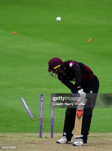 Paul Van Meekeren of Somerset is bowled by Craig Miles of Gloucestershire during the Royal London One-Day Cup match between Somerset and...