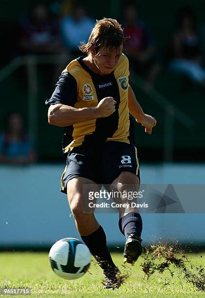 Nicholas Fitzgerald of the Mariners shoots for goal during the round 23 National Youth League match between the Central Coast Mariners and the...