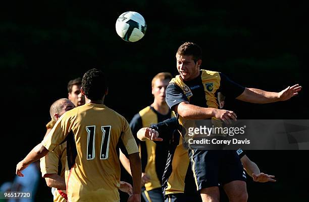 Jerry Kalouris of the Mariners contests the ball during the round 23 National Youth League match between the Central Coast Mariners and the Newcastle...