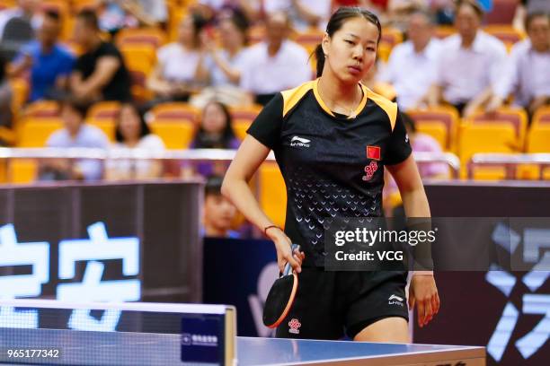 Gu Yuting of China reacts in the Women's Singles eighth-final match against Ding Ning of China during day two of the 2018 ITTF World Tour China Open...