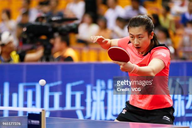 Ding Ning of China competes in the Women's Singles eighth-final match against Gu Yuting of China during day two of the 2018 ITTF World Tour China...
