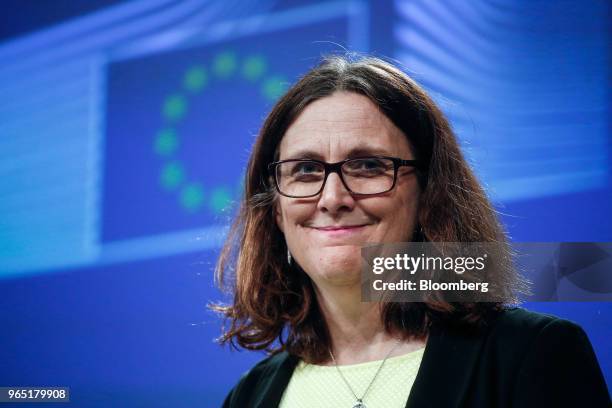 Cecilia Malmstrom, European Union trade commissioner, reacts during a news conference at the Berlaymont building in Brussels, Belgium, on Friday,...