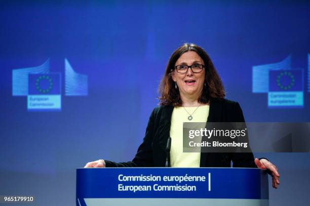 Cecilia Malmstrom, European Union trade commissioner, speaks during a news conference at the Berlaymont building in Brussels, Belgium, on Friday,...