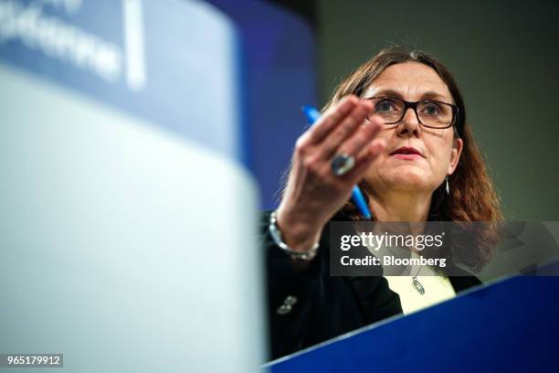 Cecilia Malmstrom, European Union trade commissioner, gestures while speaking during a news conference at the Berlaymont building in Brussels,...