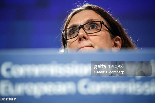 Cecilia Malmstrom, European Union trade commissioner, pauses during a news conference at the Berlaymont building in Brussels, Belgium, on Friday,...