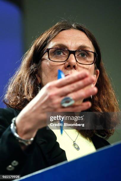 Cecilia Malmstrom, European Union trade commissioner, gestures while speaking during a news conference at the Berlaymont building in Brussels,...