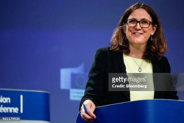 Cecilia Malmstrom, European Union trade commissioner, speaks during a news conference at the Berlaymont building in Brussels, Belgium, on Friday,...