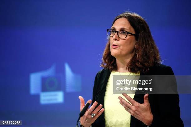 Cecilia Malmstrom, European Union trade commissioner, speaks during a news conference at the Berlaymont building in Brussels, Belgium, on Friday,...