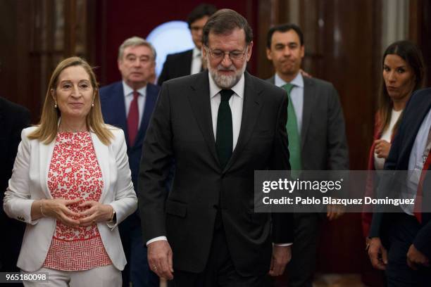 Spanish Prime Minister Mariano Rajoy arrives to the hemicycle before the voting for the no-confidence motion at the Lower House of the Spanish...