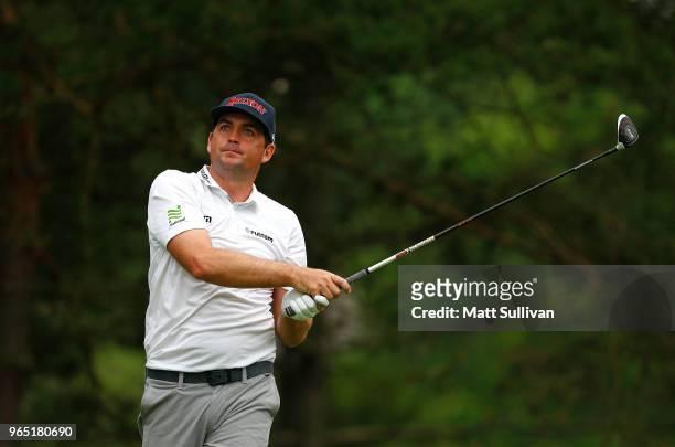 Keegan Bradley of the United States watches his tee shot on the second hole during the second round of The Memorial Tournament Presented by...
